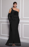 Discover the essence of evening sophistication with the MNM Couture F02826, a luxurious crepe gown embellished with a classical rose, tailored for the exclusive tastes of red carpet and special occasion aficionados. | Couture Shop LA