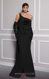 Discover the essence of evening sophistication with the MNM Couture F02826, a luxurious crepe gown embellished with a classical rose, tailored for the exclusive tastes of red carpet and special occasion aficionados. | Couture Shop LA