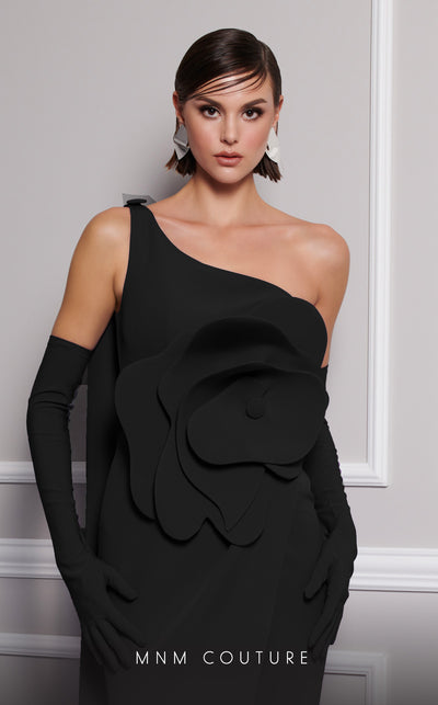 Discover the essence of evening sophistication with the MNM Couture F02826, a luxurious crepe gown embellished with a classical rose, tailored for the exclusive tastes of red carpet and special occasion aficionados. | Couture Shop LA