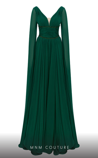 MNM Couture F02828A A-line gown with cape sleeves, beaded appliques, and sweeping train. | Couture Shop LA