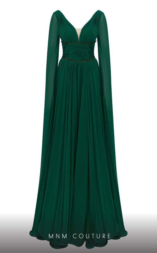 MNM Couture F02828A A-line gown with cape sleeves, beaded appliques, and sweeping train. | Couture Shop LA