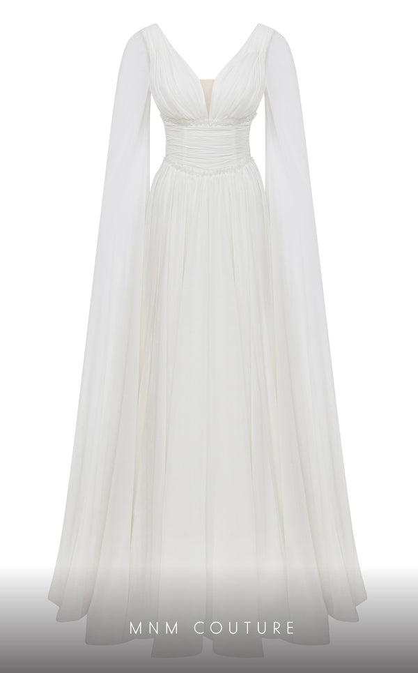 MNM Couture F02828A A-line gown with cape sleeves, beaded appliques, and sweeping train. | Couture Shop LA