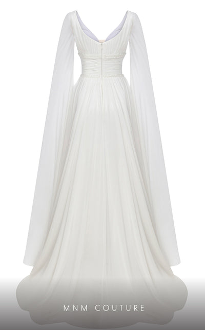 MNM Couture F02828A A-line gown with cape sleeves, beaded appliques, and sweeping train. | Couture Shop LA