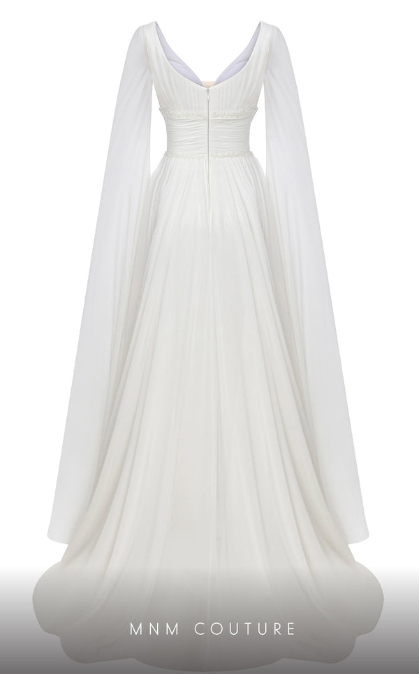 MNM Couture F02828A A-line gown with cape sleeves, beaded appliques, and sweeping train. | Couture Shop LA