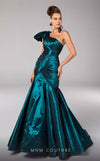 MNM Couture F02833 asymmetrical Tafta gown with mermaid cut and shoulder drapes.