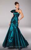MNM Couture F02833 asymmetrical Tafta gown with mermaid cut and shoulder drapes. | Couture Shop LA
