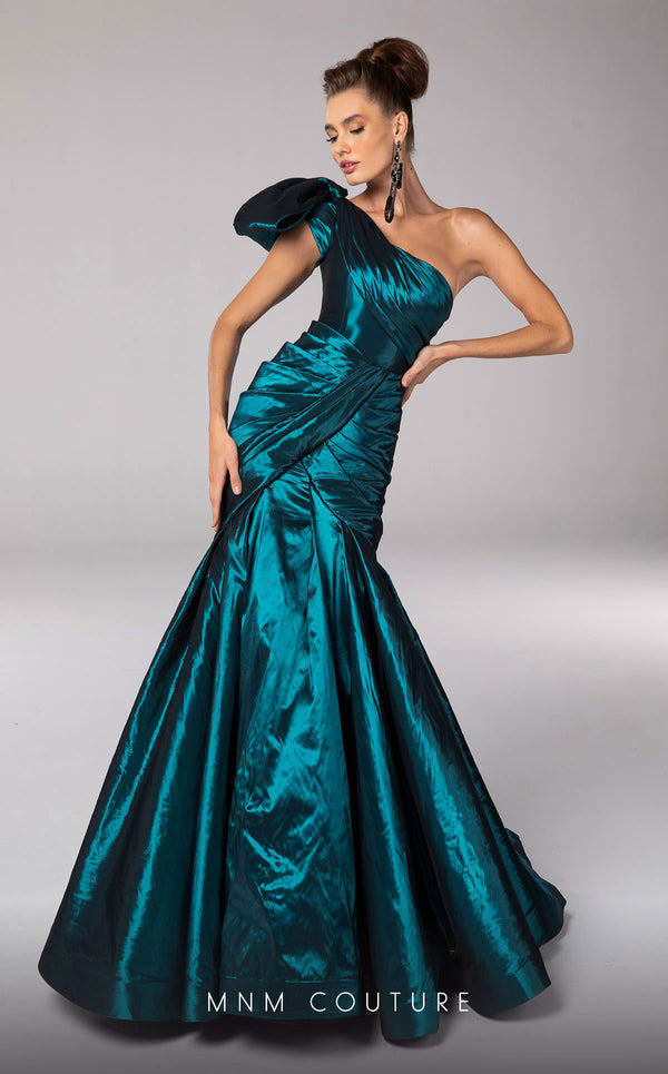 MNM Couture F02833 asymmetrical Tafta gown with mermaid cut and shoulder drapes. | Couture Shop LA