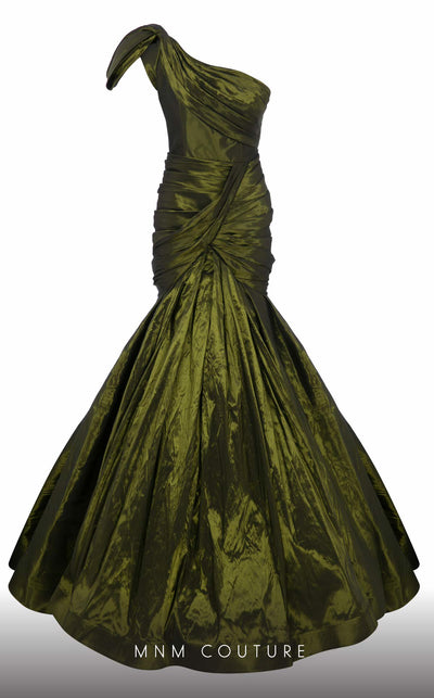 MNM Couture F02833 asymmetrical Tafta gown with mermaid cut and shoulder drapes. | Couture Shop LA