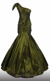 MNM Couture F02833 asymmetrical Tafta gown with mermaid cut and shoulder drapes. | Couture Shop LA