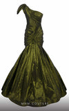 MNM Couture F02833 asymmetrical Tafta gown with mermaid cut and shoulder drapes. | Couture Shop LA