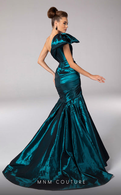 MNM Couture F02833 asymmetrical Tafta gown with mermaid cut and shoulder drapes. | Couture Shop LA
