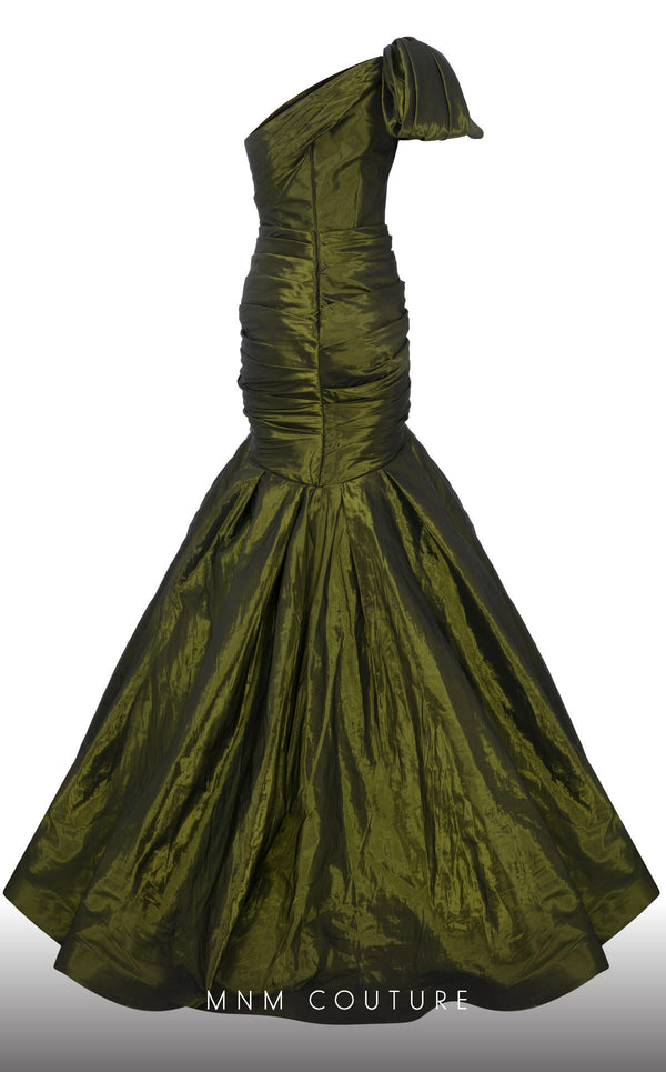 MNM Couture F02833 asymmetrical Tafta gown with mermaid cut and shoulder drapes. | Couture Shop LA