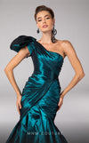 MNM Couture F02833 asymmetrical Tafta gown with mermaid cut and shoulder drapes. | Couture Shop LA