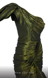MNM Couture F02833 asymmetrical Tafta gown with mermaid cut and shoulder drapes. | Couture Shop LA
