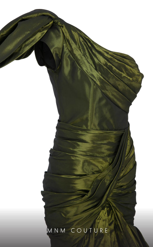 MNM Couture F02833 asymmetrical Tafta gown with mermaid cut and shoulder drapes. | Couture Shop LA