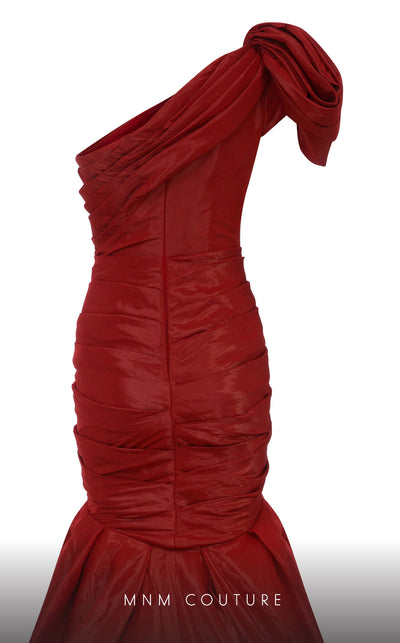 MNM Couture F02833 asymmetrical Tafta gown with mermaid cut and shoulder drapes. | Couture Shop LA