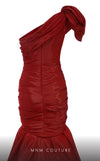 MNM Couture F02833 asymmetrical Tafta gown with mermaid cut and shoulder drapes. | Couture Shop LA
