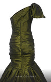 MNM Couture F02833 asymmetrical Tafta gown with mermaid cut and shoulder drapes. | Couture Shop LA
