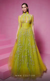 MNM Couture F02844 Grecian neckline gown with flared cut and bust slit. | Couture Shop LA