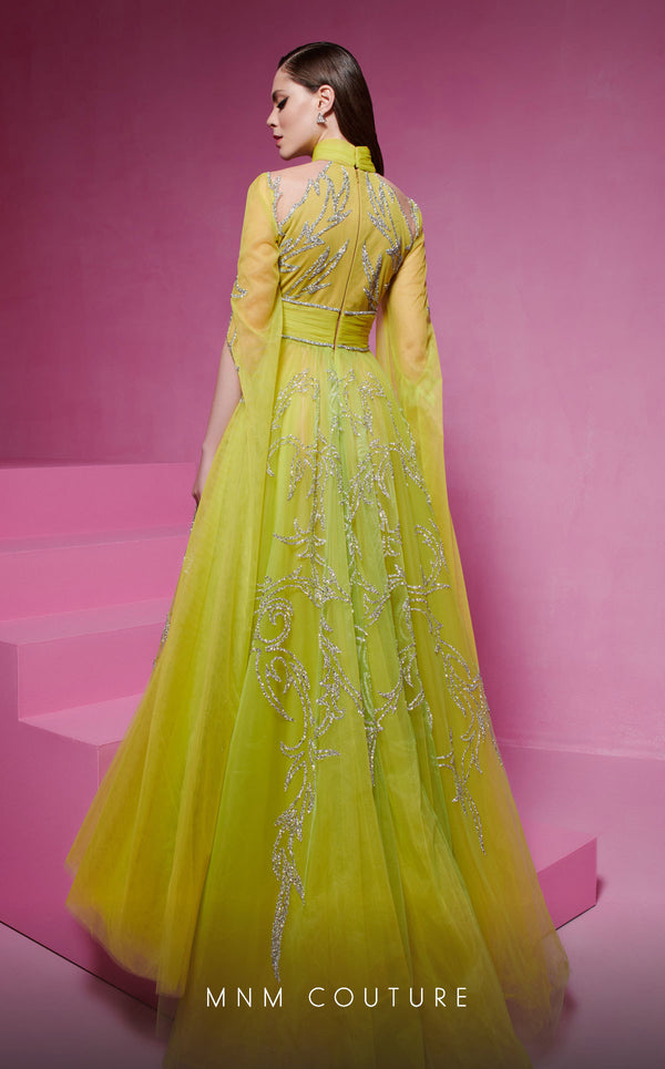 MNM Couture F02844 Grecian neckline gown with flared cut and bust slit. | Couture Shop LA