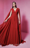 MNM Couture Style F02845 red evening dress with cape-style long sleeves, V-neckline, tailored waistline adorned with buttons, and long flowing train | Couture Shop LA.
