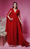 MNM Couture Style F02845 red evening dress with cape-style long sleeves, V-neckline, tailored waistline adorned with buttons, and long flowing train | Couture Shop LA.