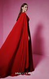 MNM Couture Style F02845 red evening dress with cape-style long sleeves, V-neckline, tailored waistline adorned with buttons, and long flowing train | Couture Shop LA.