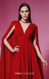 MNM Couture Style F02845 red evening dress with cape-style long sleeves, V-neckline, tailored waistline adorned with buttons, and long flowing train | Couture Shop LA.