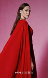 MNM Couture Style F02845 red evening dress with cape-style long sleeves, V-neckline, tailored waistline adorned with buttons, and long flowing train | Couture Shop LA.