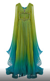 MNM Couture F02847 red, olive, and blue organza gown with V-neck and train, accented with rhinestones. | Couture Shop LA