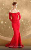 MNM Couture F02848 strapless crepe gown with off-shouldered cut.