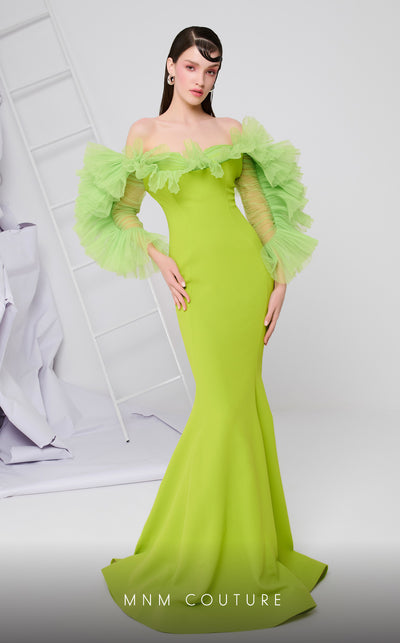 MNM Couture F02850 strapless off-shoulder crepe and chiffon gown with mermaid cut. | Couture Shop LA
