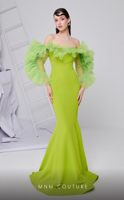 MNM Couture F02850 strapless off-shoulder crepe and chiffon gown with mermaid cut. | Couture Shop LA