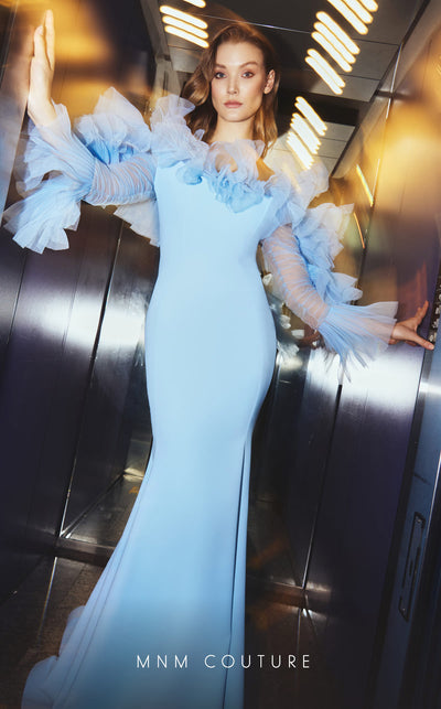 MNM Couture F02850 strapless off-shoulder crepe and chiffon gown with mermaid cut. | Couture Shop LA