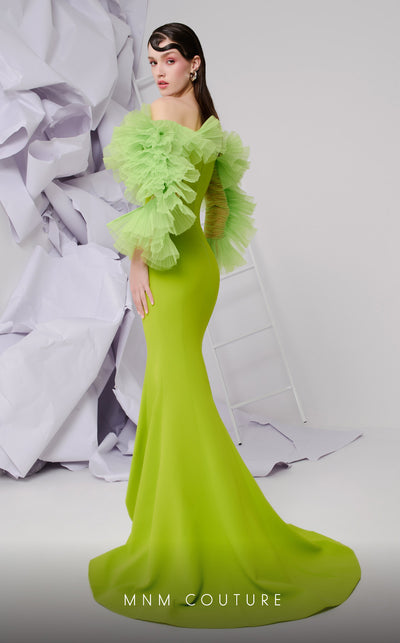 MNM Couture F02850 strapless off-shoulder crepe and chiffon gown with mermaid cut. | Couture Shop LA
