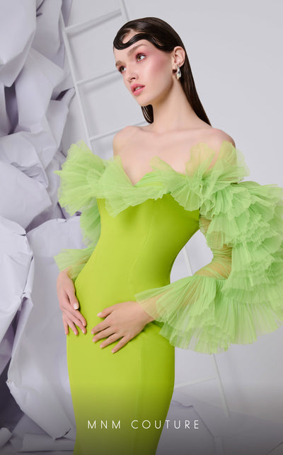 MNM Couture F02850 strapless off-shoulder crepe and chiffon gown with mermaid cut. | Couture Shop LA
