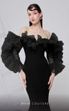 MNM Couture F02850 strapless off-shoulder crepe and chiffon gown with mermaid cut. | Couture Shop LA