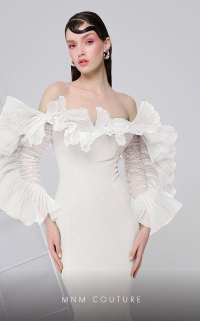 MNM Couture F02850 strapless off-shoulder crepe and chiffon gown with mermaid cut. | Couture Shop LA