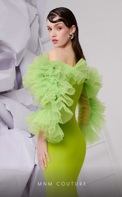 MNM Couture F02850 strapless off-shoulder crepe and chiffon gown with mermaid cut. | Couture Shop LA