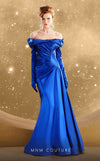 MNM Couture F02851 satin gown with off-shoulder design and ruched detailing.