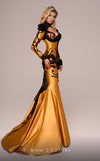 MNM Couture F02853A asymmetric mermaid gown with crepe lameh and floral applique.