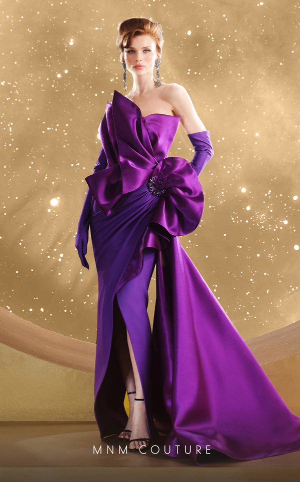 MNM Couture F02854 strapless gown in crepe and brocade with Roman slit. | Couture Shop LA