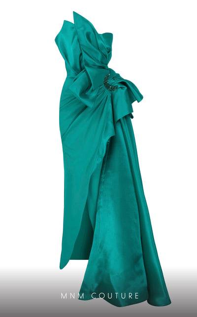 MNM Couture F02854 strapless gown in crepe and brocade with Roman slit. | Couture Shop LA