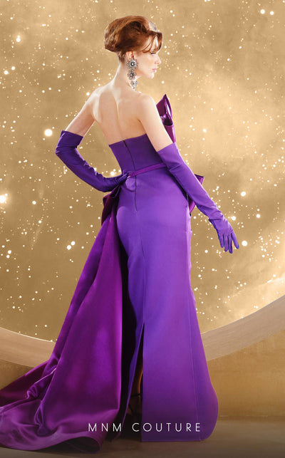 MNM Couture F02854 strapless gown in crepe and brocade with Roman slit. | Couture Shop LA