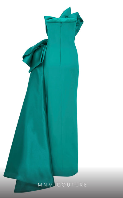 MNM Couture F02854 strapless gown in crepe and brocade with Roman slit. | Couture Shop LA