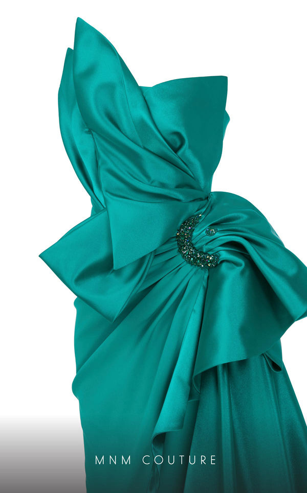 MNM Couture F02854 strapless gown in crepe and brocade with Roman slit. | Couture Shop LA