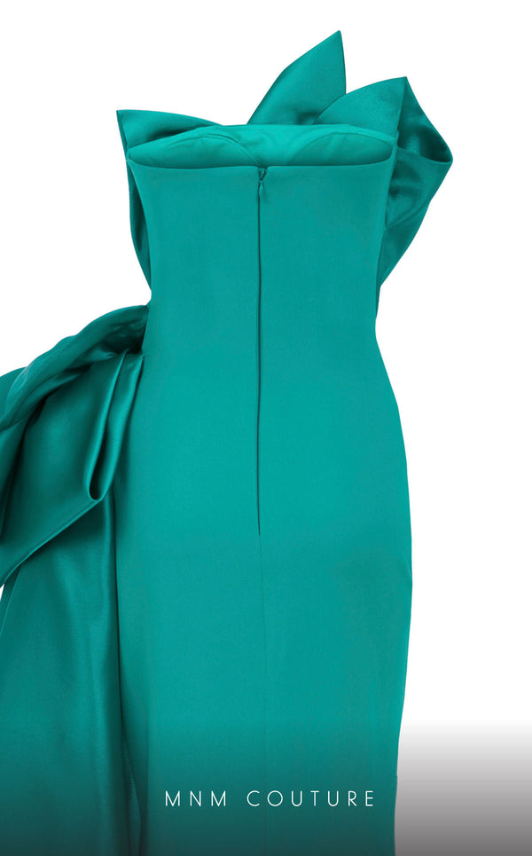 MNM Couture F02854 strapless gown in crepe and brocade with Roman slit. | Couture Shop LA