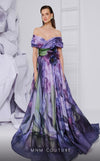 MNM Couture F02855 strapless digital print gown with flared cut.