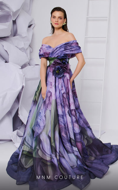 MNM Couture F02855 strapless digital print gown with flared cut. | Couture Shop LA