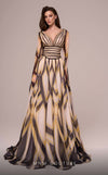 MNM Couture F02862 chiffon gown with deep V-neck and printed motif.